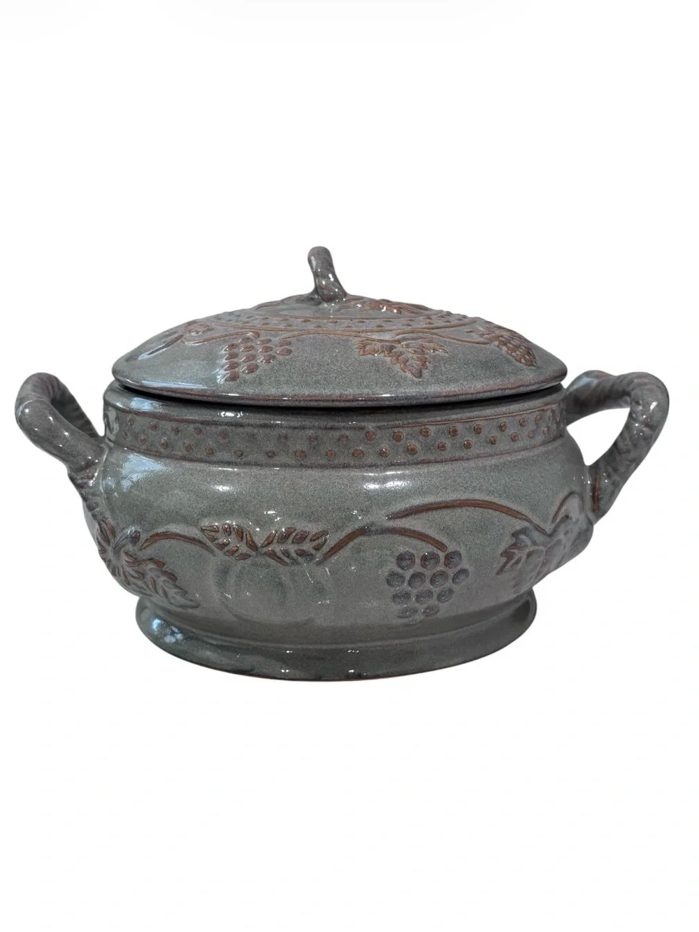 Handmade Stone Wear Pottery Handled Bean Pot Raised Design Gold Trim Accents